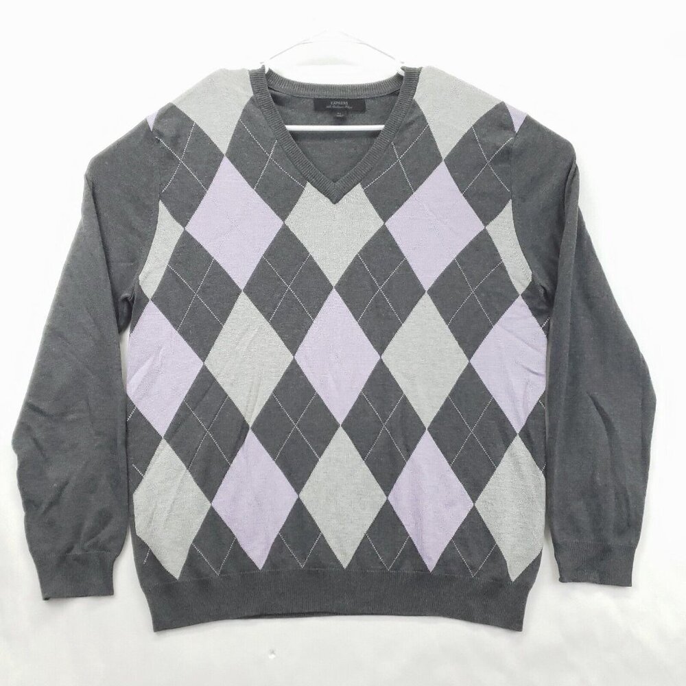 Express Sweater Mens XL Gray Argyle Silk Cashmere Long Sleeve V-Neck Pullover